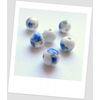 Намисто керамічне біле з синьо-зеленим квітковим візерунком 12мм. Упаковка - 10 шт. (id:130026)